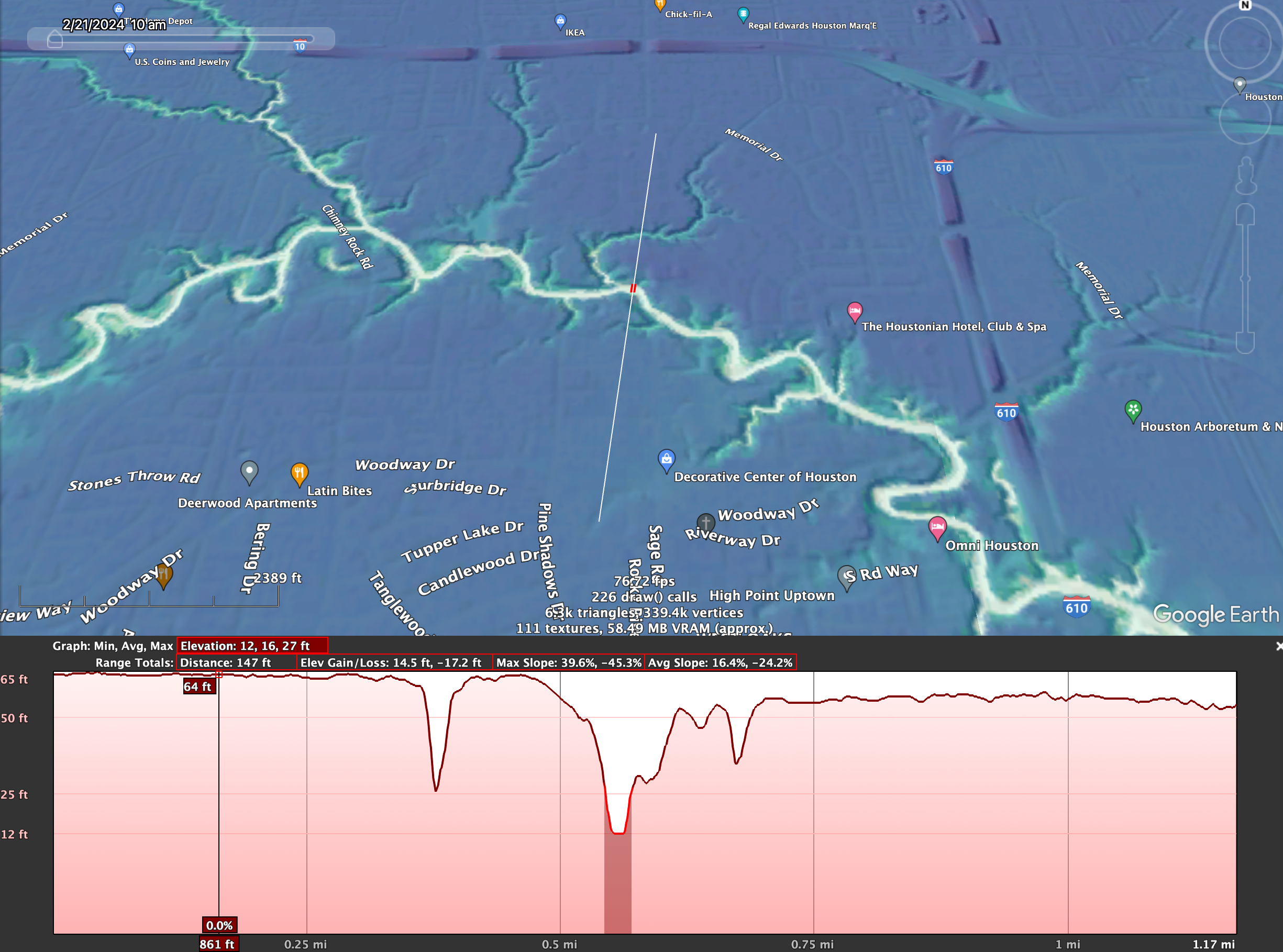 Relative Elevation Model image of Buffalo Bayou with elevation profile