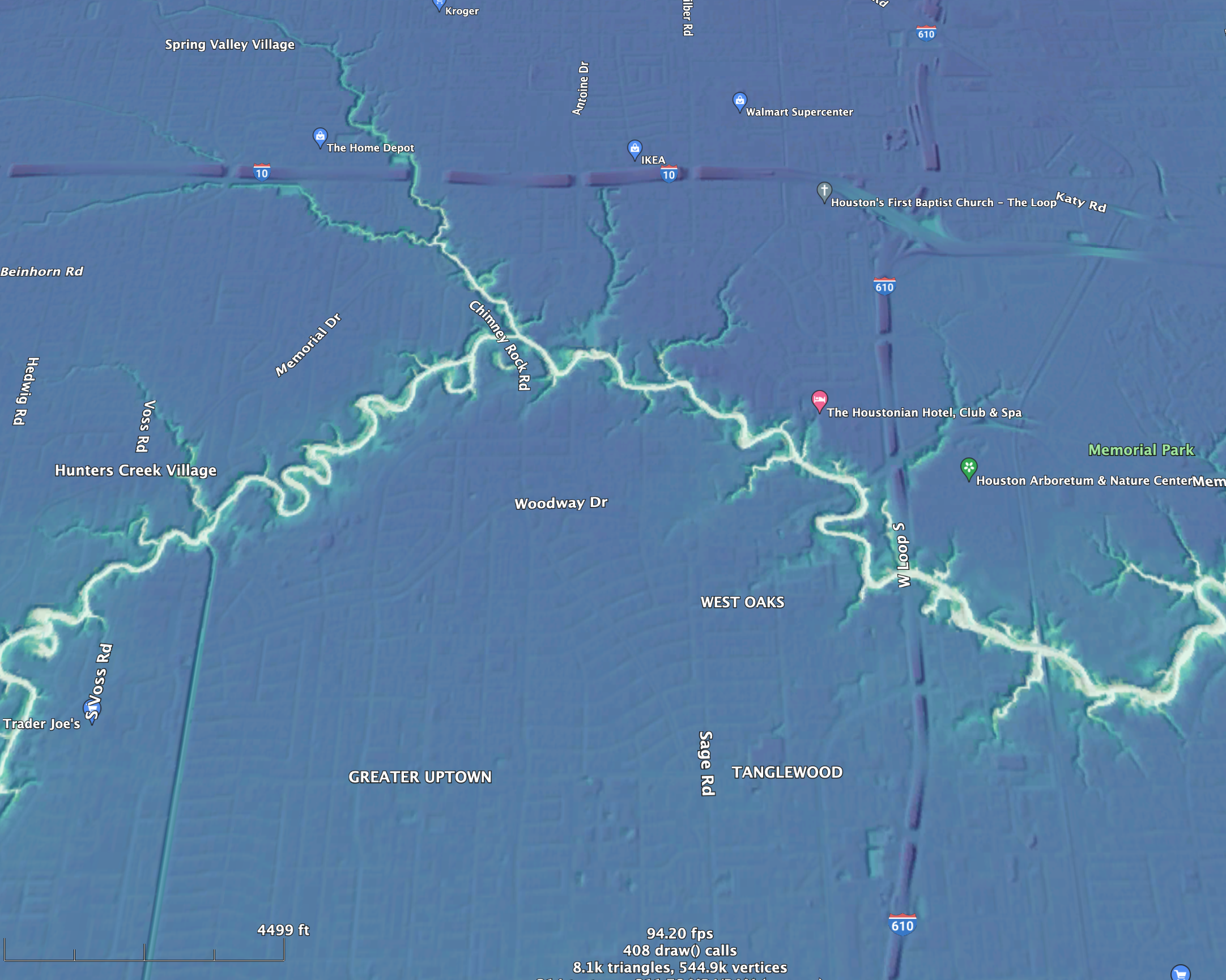 Relative Elevation Model image of Buffalo Bayou