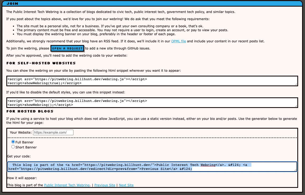 Screenshot of Public Interest Tech Webring snippet generation page