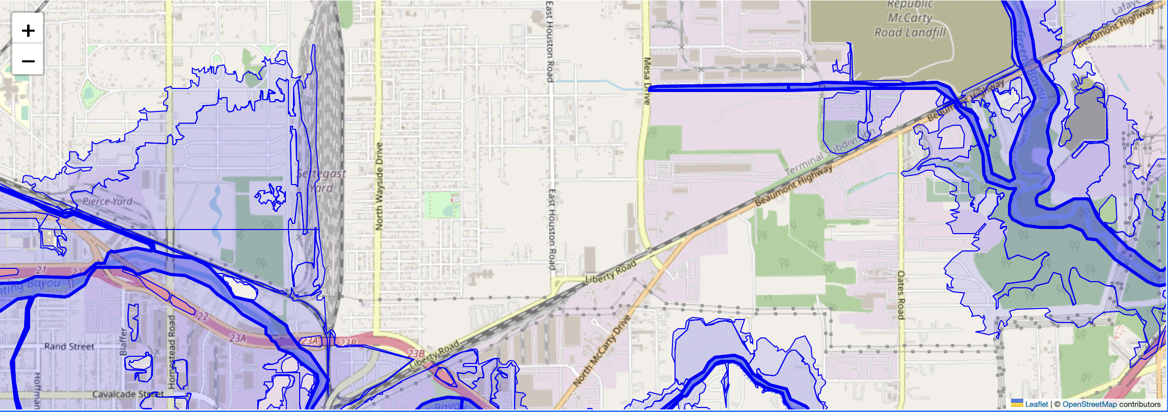"Example map of Houston area floodplains. Floodplain is highlighted overlay in shades of blue."