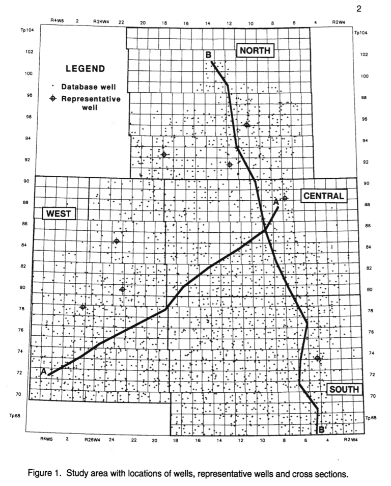 "Map of Mannville wells in the Alberta Geological Survey open file report 1994-14 that are used in the project I'm doing at the github link."