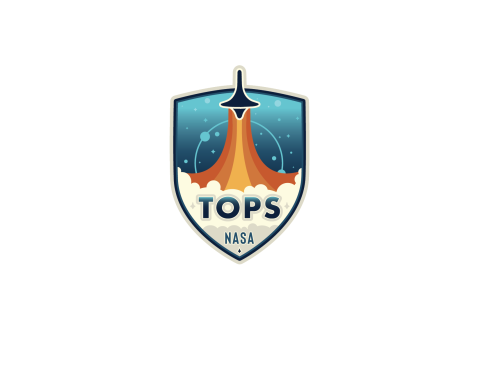 Logo for Transform to Open Science. It is a badge with TOPS and NASA at the bottom and space ship taking off.