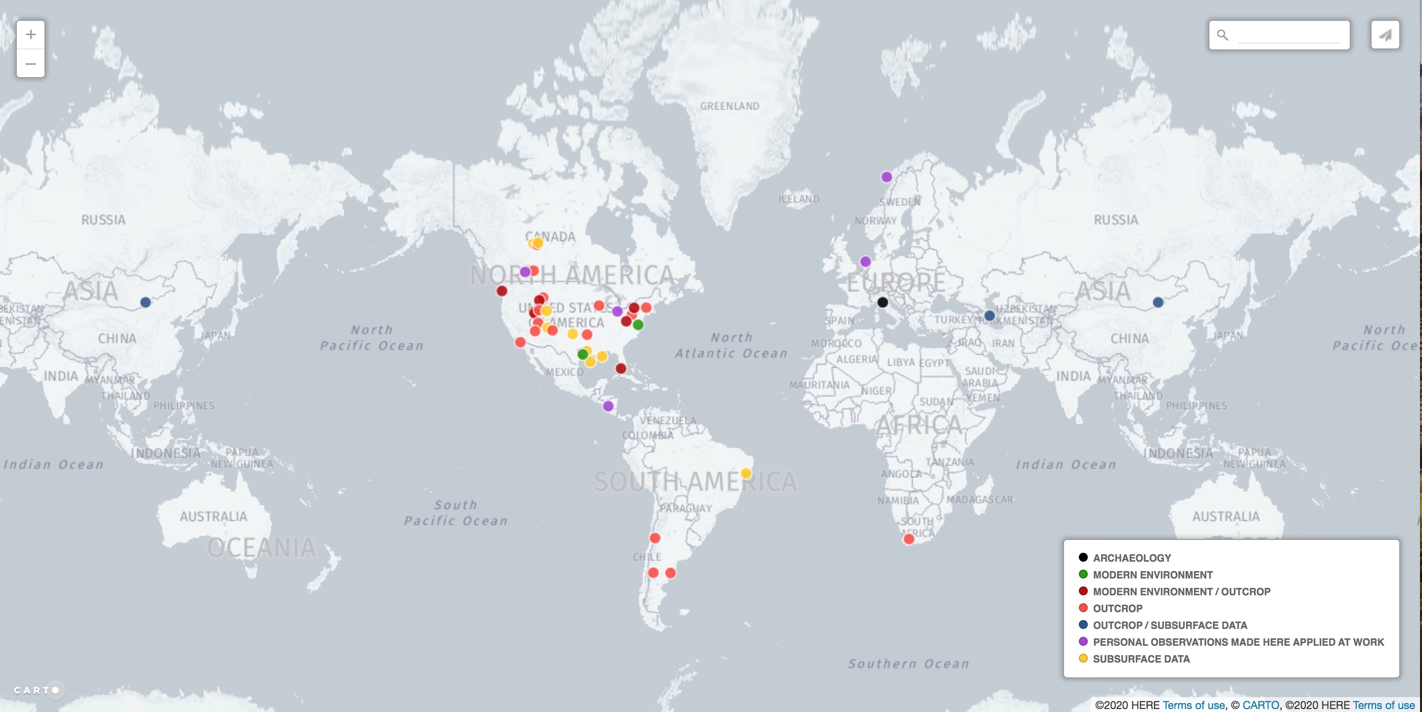 "World map of all the places Justin has done geology in some form"